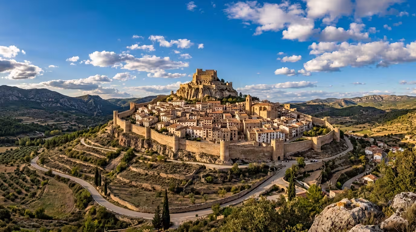 A dramatic wide-angle shot of the medieval walled city of Morella perched on a rocky hilltop, with its imposing castle silhouetted against a deep blue sky, stone walls cascading down the hillside, and