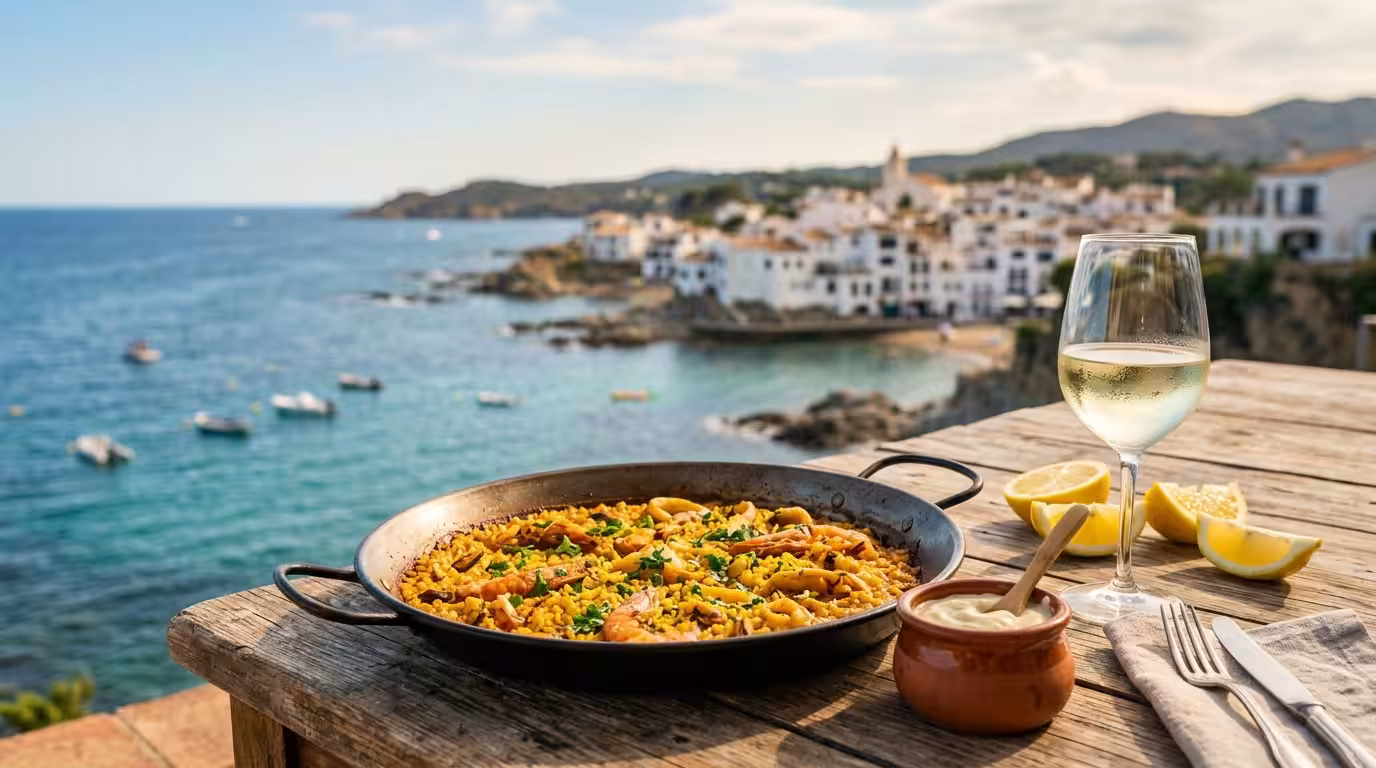 A rustic wooden table set outdoors near the Mediterranean, with a traditional paella pan filled with golden arroz a banda, a small clay pot of aioli, fresh lemon wedges, and a glass of chilled white w