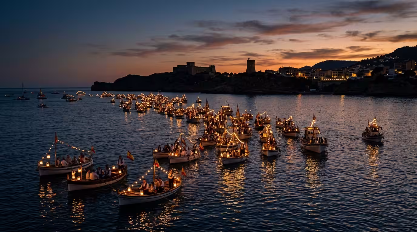 A twilight scene of a traditional maritime procession on the calm Mediterranean Sea near Oropesa del Mar, with dozens of small illuminated fishing boats and vessels forming a ceremonial flotilla, warm