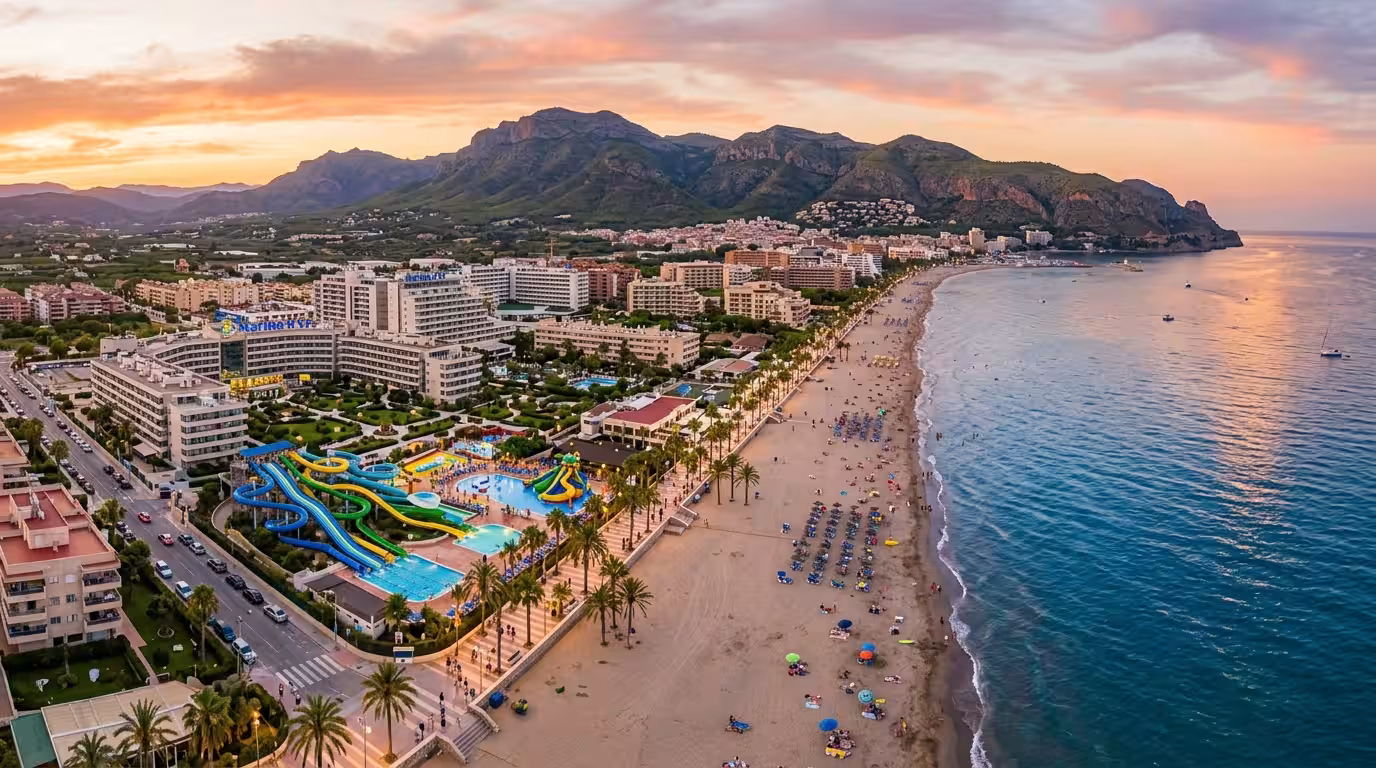 A wide cinematic aerial shot of the Oropesa del Mar coastline at golden hour, showing the long sandy beach of Les Amplaries stretching alongside a large modern resort complex with colorful water park 