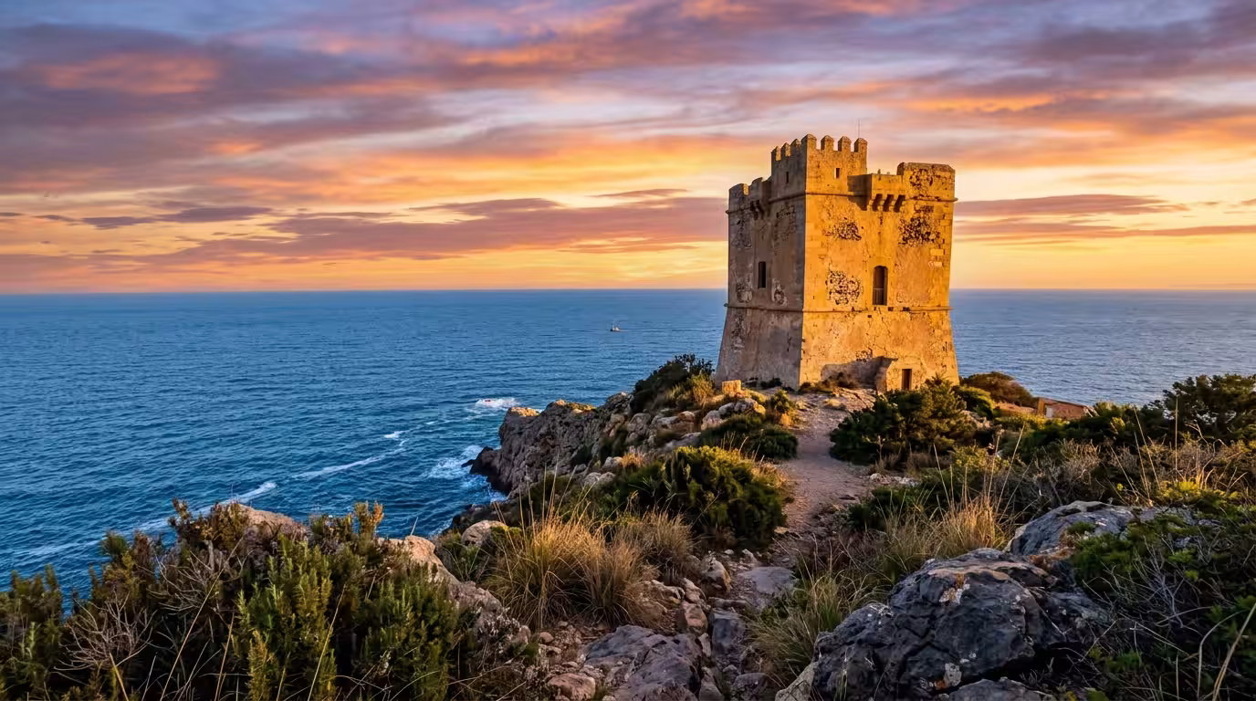 A dramatic late afternoon view of the Torre del Rey medieval watchtower in Oropesa del Mar, its ancient golden stone walls glowing warm in the setting sun, the deep blue Mediterranean Sea stretching t