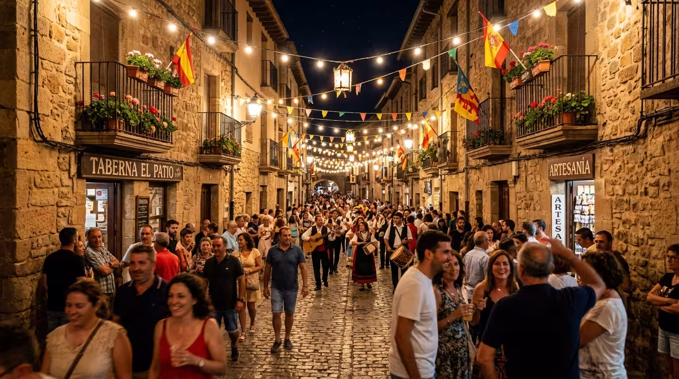 A lively traditional Spanish street festival in Oropesa del Mar old town at night, the narrow medieval stone streets illuminated by warm string lights and lanterns, colorful bunting and traditional de