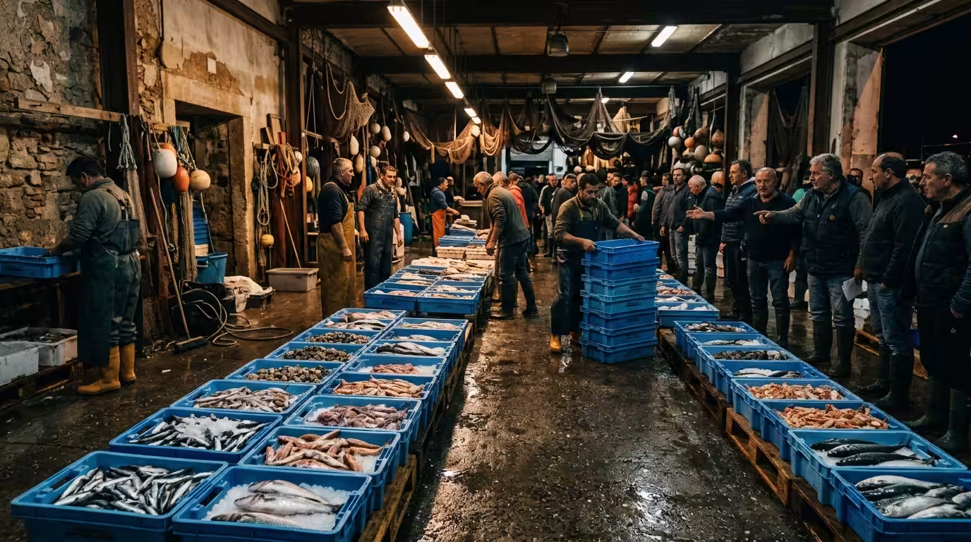 Inside a traditional Mediterranean fish auction hall at dawn, with rows of fresh fish and seafood displayed in blue plastic crates on a wet concrete floor under bright fluorescent lights, fishing nets