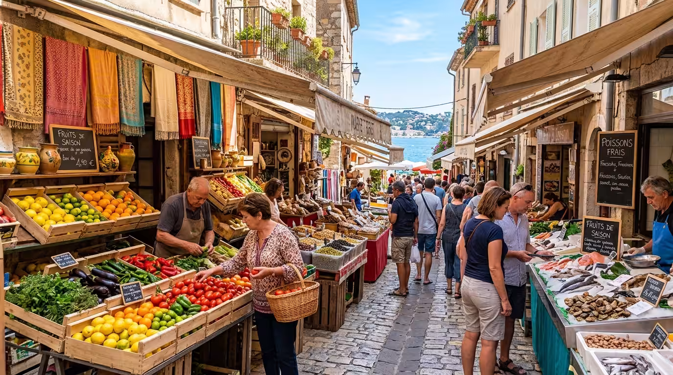 A vibrant open-air market scene on a sunny Mediterranean morning, with colorful stalls overflowing with fresh vegetables, citrus fruits, and seafood, dappled sunlight filtering through canvas awnings