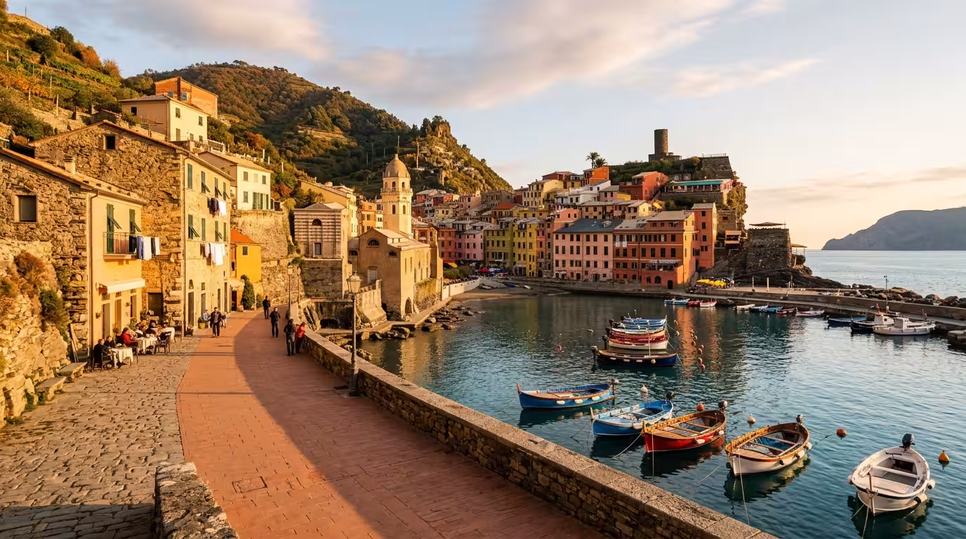 A quiet Mediterranean beach town in late afternoon autumn light, with golden-toned stone buildings along a seafront promenade, a few fishing boats moored in a small harbor, long shadows stretching acr