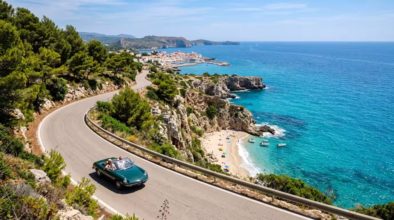A sun-drenched Mediterranean coastal road winding along clifftops above a turquoise sea, with pine trees lining one side and a glimpse of a small sandy cove below, shot in bright midday light with a w