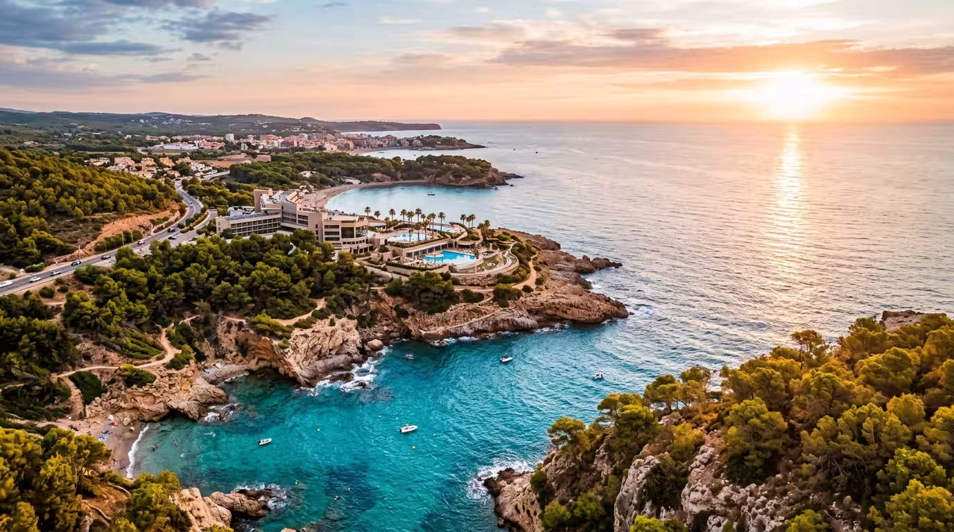 A wide cinematic aerial view of the Costa del Azahar coastline near Oropesa del Mar at golden hour, with turquoise Mediterranean waters lapping against rocky coves and pine-covered cliffs, a modern th
