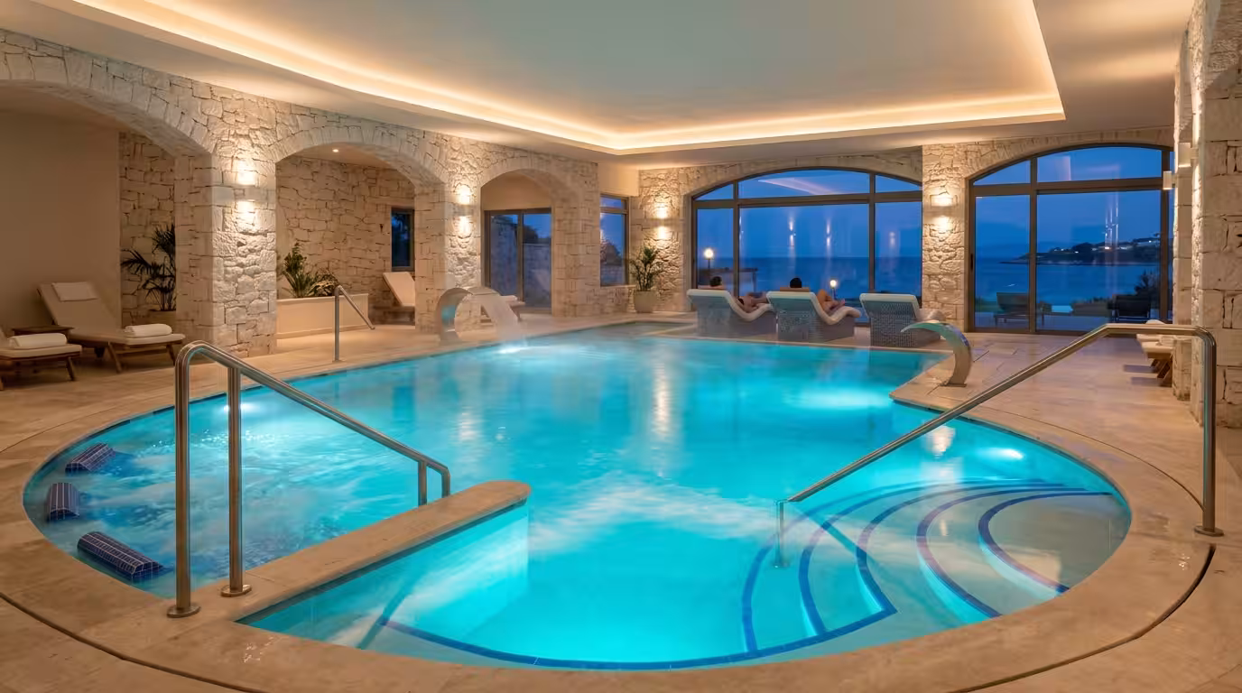 Interior of a luxury thalassotherapy pool at the Pontiana Thalasso Hotel, with crystal-clear heated seawater glowing turquoise under soft architectural lighting, steam rising gently from the surface,