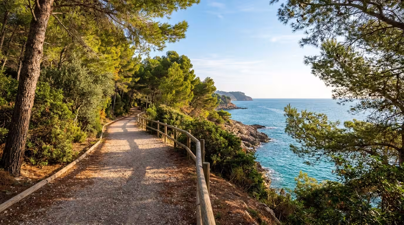 A quiet autumn morning on the Vía Verde del Mar coastal path between Oropesa del Mar and Benicàssim, a flat gravel trail flanked by Mediterranean pine trees with the turquoise sea visible through the