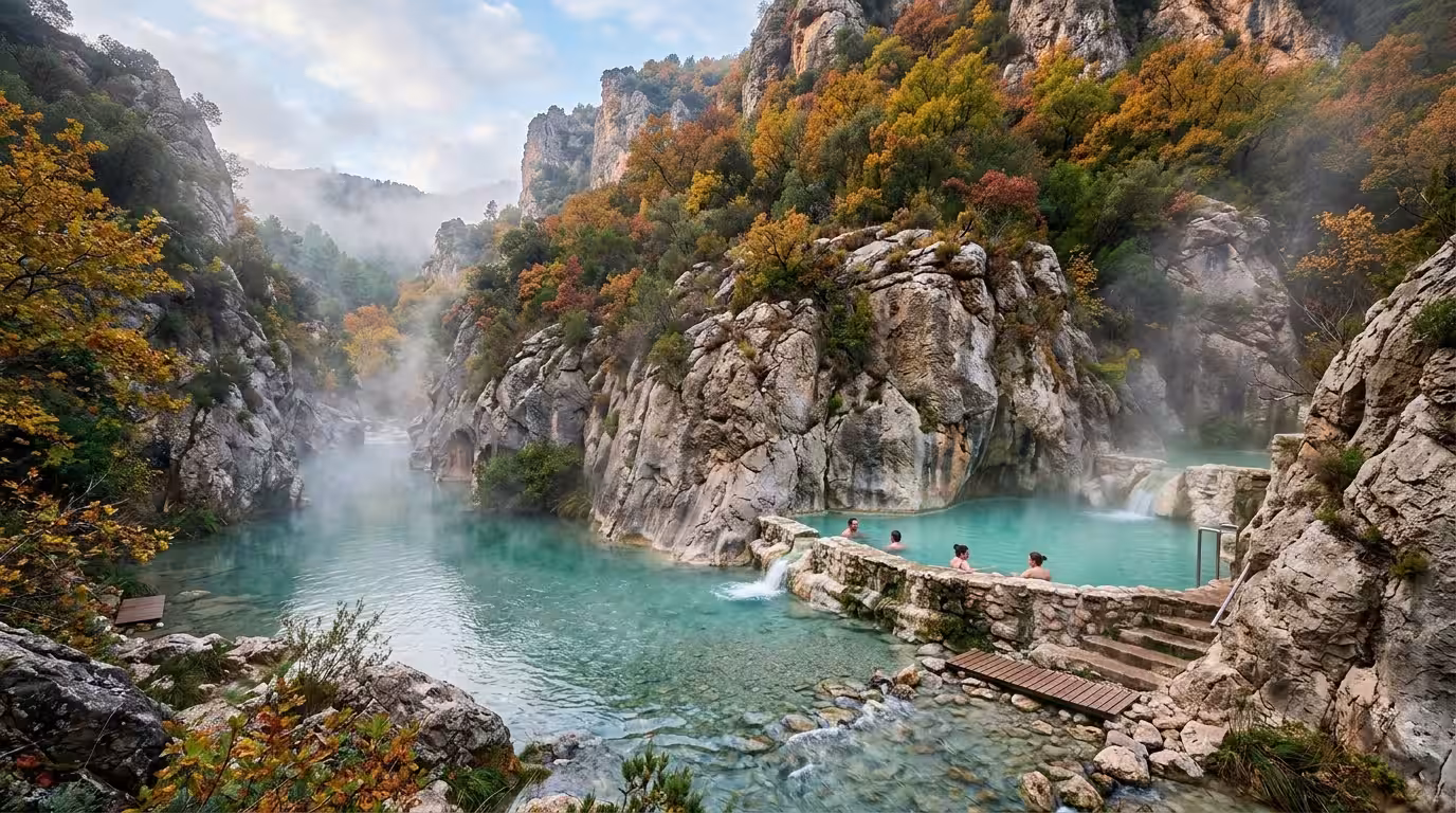 The natural thermal pools of Fuente de los Baños in Montanejos, carved into dramatic limestone canyon walls, crystal-clear turquoise water steaming gently in cool morning air, autumn-colored vegetatio