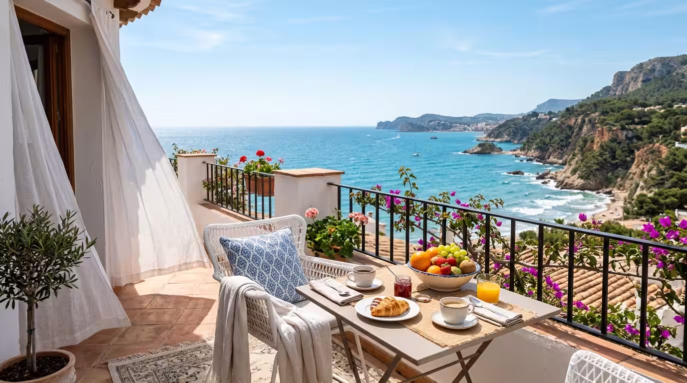 A bright, airy vacation apartment terrace overlooking the Mediterranean Sea near Oropesa del Mar, with a small outdoor table set for breakfast, a bowl of fresh fruit and coffee, white linen curtains m