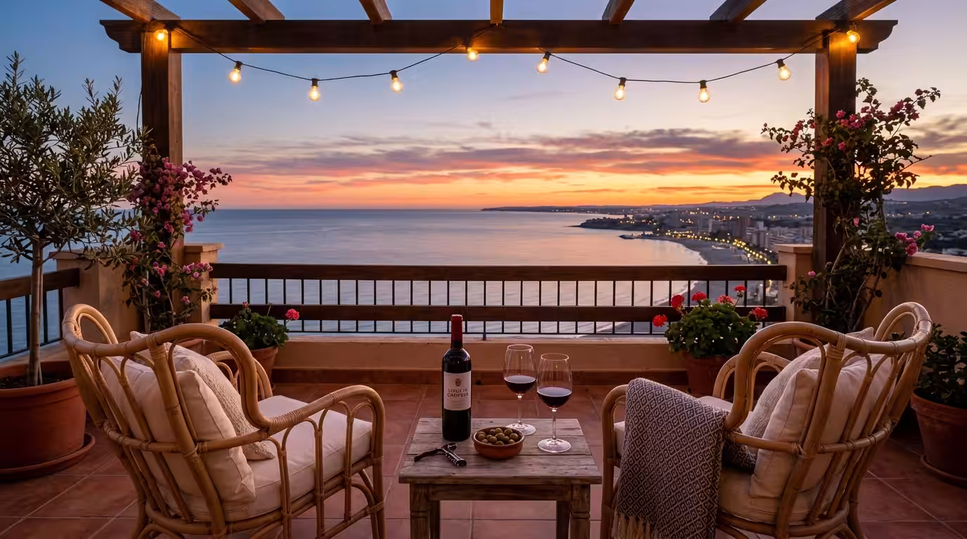 A cozy vacation rental terrace in Oropesa del Mar at dusk, with comfortable rattan chairs facing a panoramic view of the Mediterranean Sea, warm string lights overhead, a bottle of local Valencian win