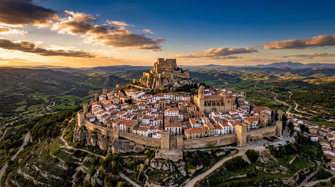 The medieval walled village of Morella in Castellón province at late afternoon, with its ancient stone castle perched dramatically on a rocky summit against a deep blue sky, the terracotta rooftops of