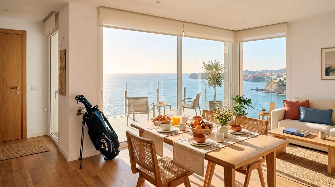 A sunlit modern vacation apartment interior in Oropesa del Mar with floor-to-ceiling windows overlooking the Mediterranean Sea, minimalist Valencian decor with terracotta accents, a golf bag leaning c