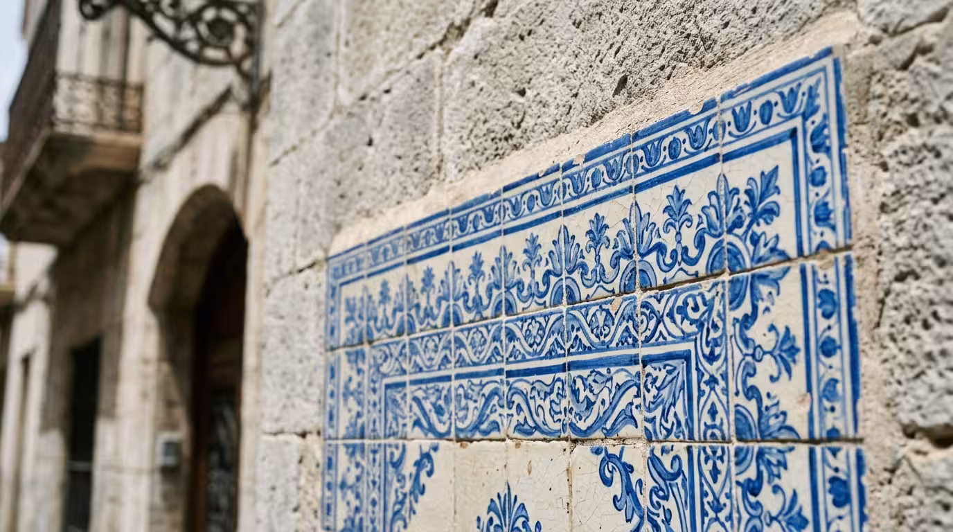 A close-up documentary-style photograph of a series of antique hand-painted ceramic tiles on a building facade in Castellón, showing intricate blue and white floral and geometric patterns with visible