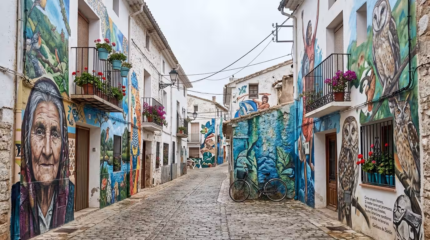 A wide-angle photograph of a narrow village street in Fanzara, Spain, with large-scale photorealistic street art murals covering the entire facades of traditional stone houses on both sides, shot in b
