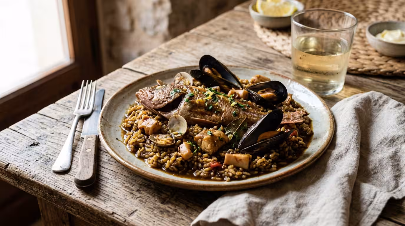 A close-up food photograph on a rustic ceramic plate of arrosejat, a traditional Valencian fisherman's rice dish, with whole fish, mussels, and a rich dark broth, shot from above on a weathered wooden