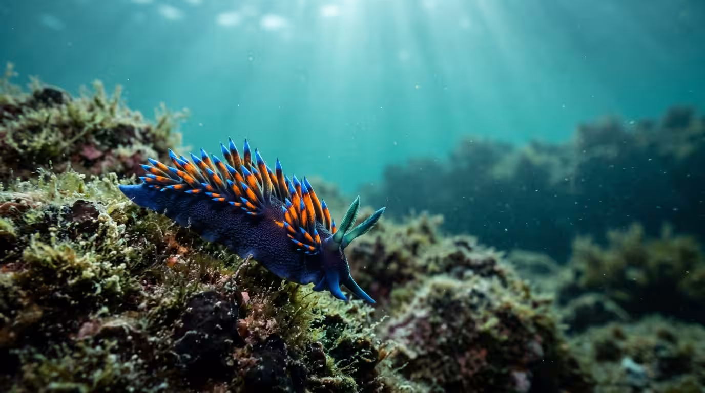 An extreme close-up macro photograph of a vivid nudibranch sea slug on a rocky Mediterranean seafloor near Castellón, Spain, its body covered in electric blue and orange cerata against dark algae-cove