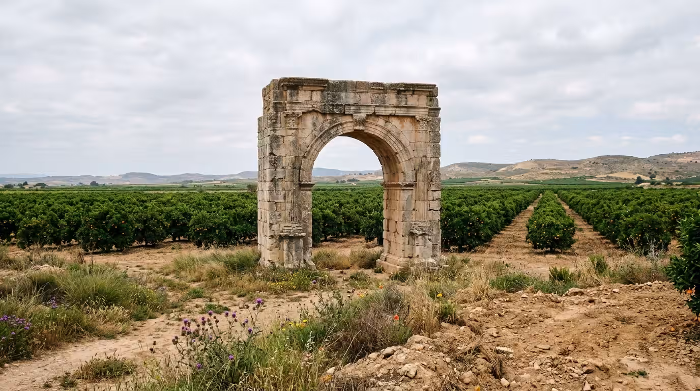 A bright overcast midday photograph of the Roman Arc of Cabanes (Arco Romano de Cabanes) in Castellón, Spain, standing alone in the middle of a flat agricultural plain with rows of orange trees in the
