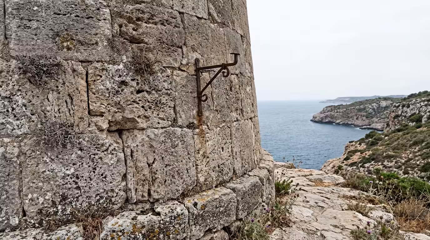 A ground-level close-up shot of a medieval stone watchtower on the Costa de Castellón coastline, the rough limestone blocks of the tower wall filling the left two-thirds of the frame, with the deep bl