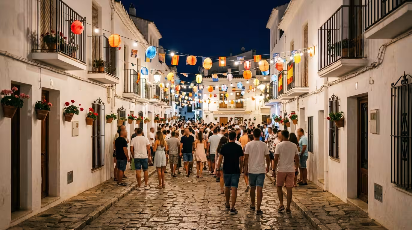 A wide street-level shot of a traditional Spanish coastal town festival at night, stone-paved streets lined with colorful paper lanterns and string lights between whitewashed buildings, a crowd of peo