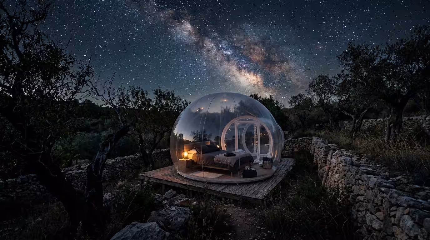 A transparent bubble glamping pod at night in a rural Castellón landscape, surrounded by ancient almond and olive trees. Through the curved transparent walls, a King Size bed is visible inside, and ab