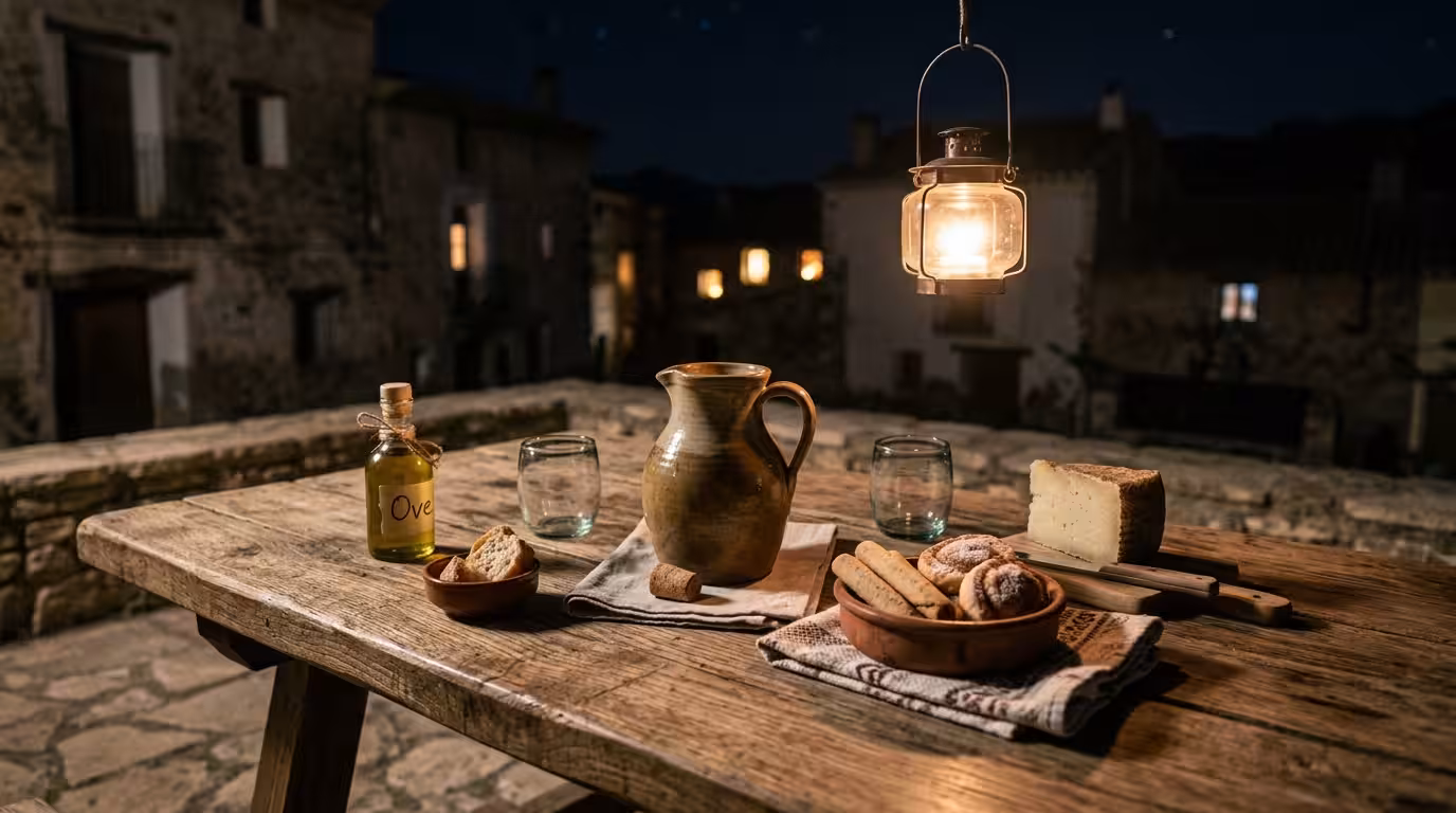 A rustic wooden table set outdoors at night in a rural Castellón village, lit by a single hanging lantern. On the table: a ceramic jug of local herbal liqueur, small clay bowls with traditional sweets