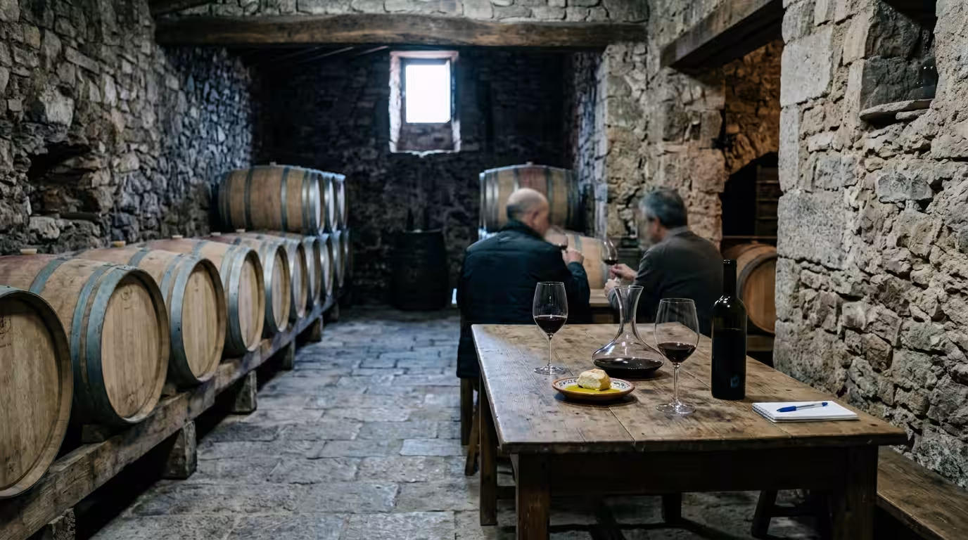 The interior of a semi-underground bioclimatic winery in rural Castellón, showing stone walls, wooden barrel racks in cool blue ambient light, a tasting table set with wine glasses and a small ceramic
