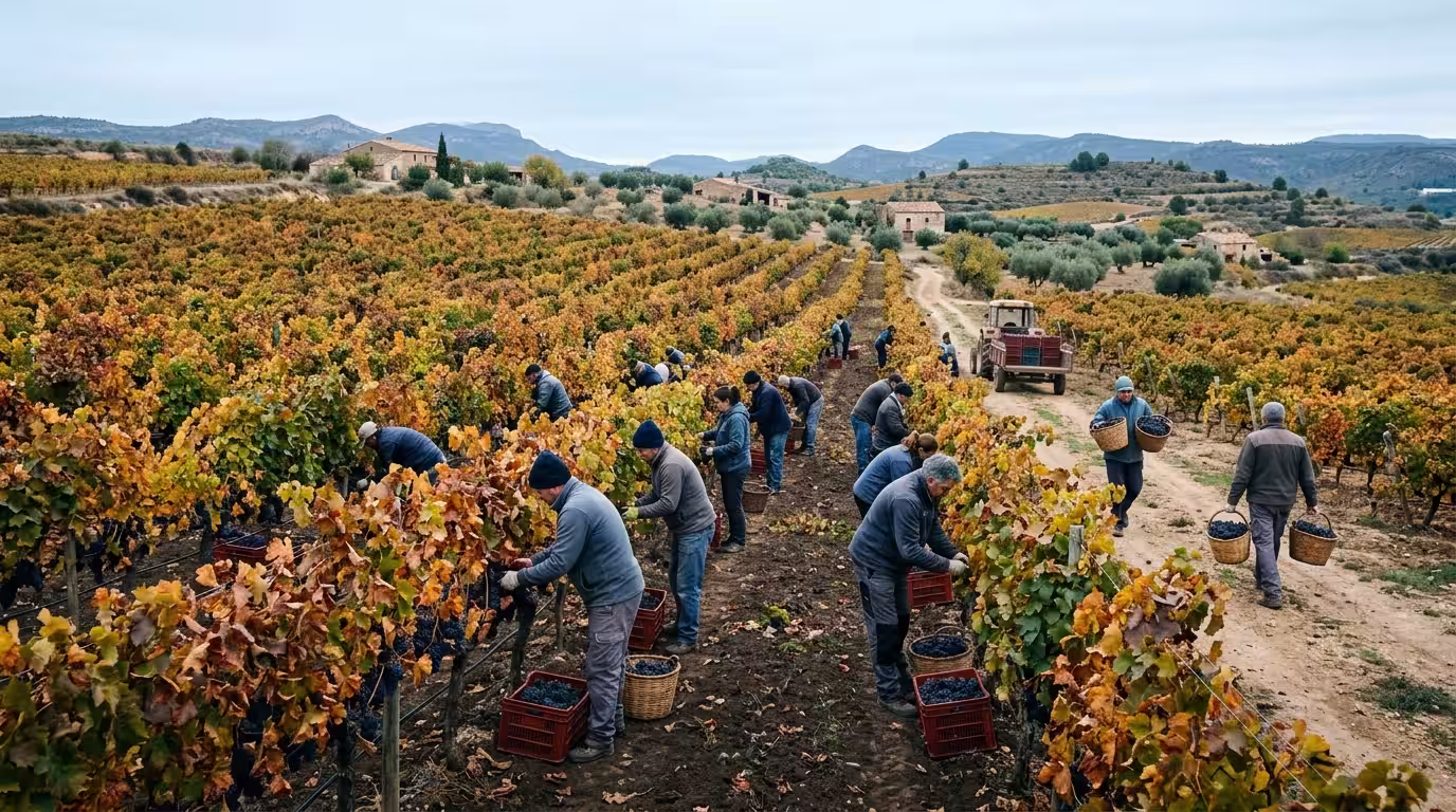 A wide-angle shot of a vineyard in Les Useres during autumn harvest, with workers among rows of vines heavy with dark grapes, the leaves turning amber and rust, under a bright overcast sky that gives