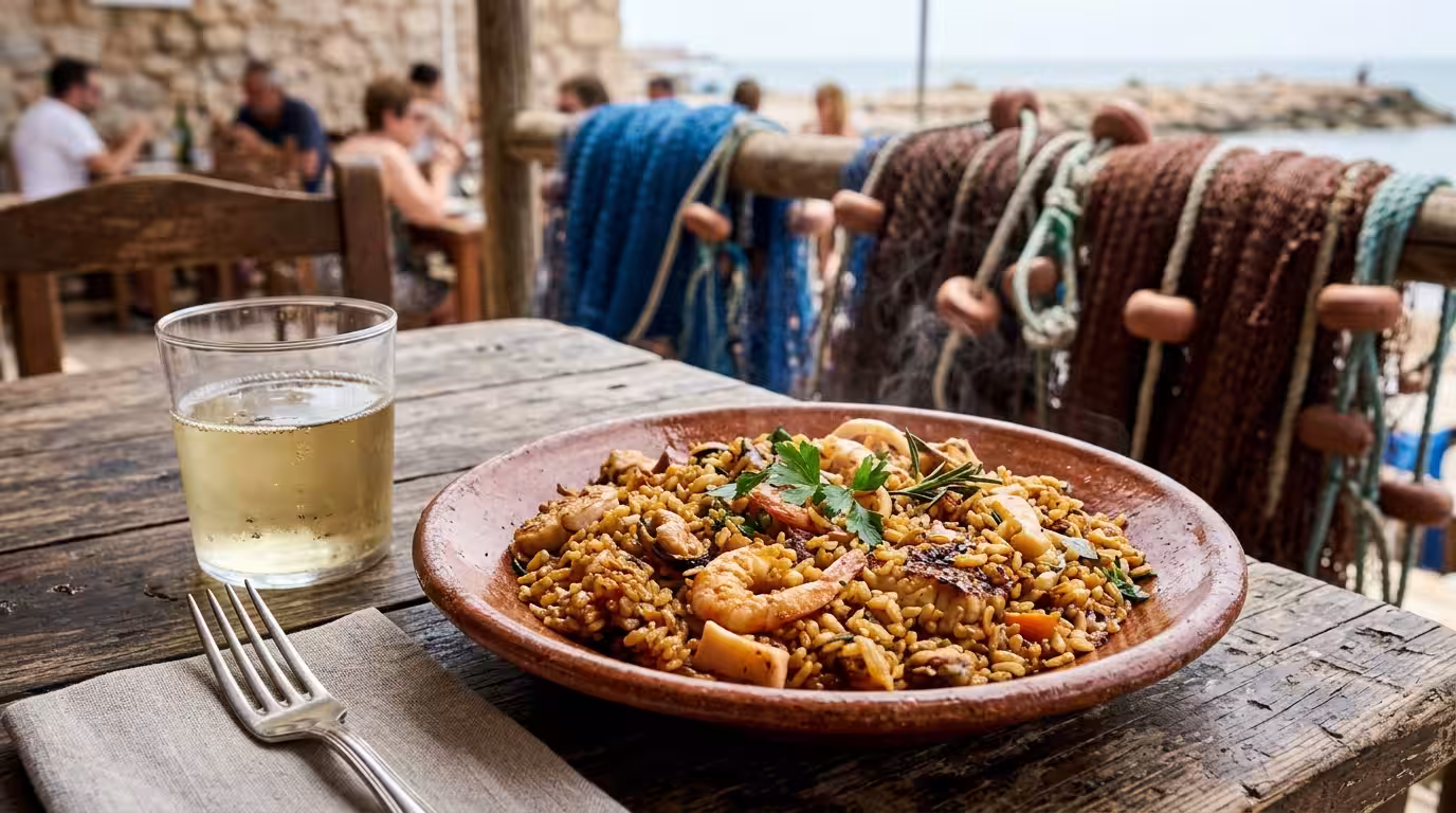 A close-up documentary shot of a rustic ceramic plate with a traditional Valencian arrosejat rice dish, steam rising gently, a glass of pale Macabeo white wine beside it, set on a weathered wooden tab