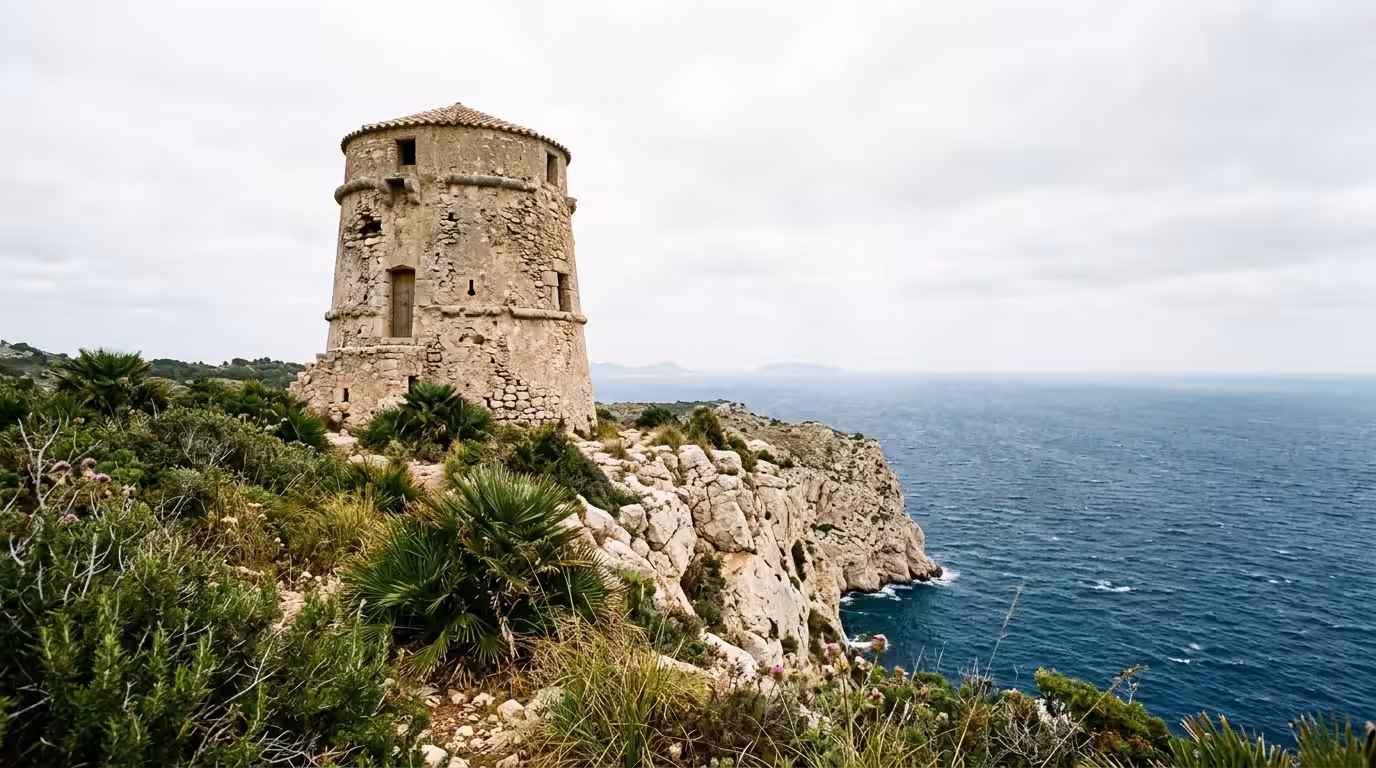 A close-up documentary-style photograph of an old stone watchtower on a limestone cliff above the Mediterranean sea, shot in bright overcast light that reveals the texture of the ancient masonry, surr