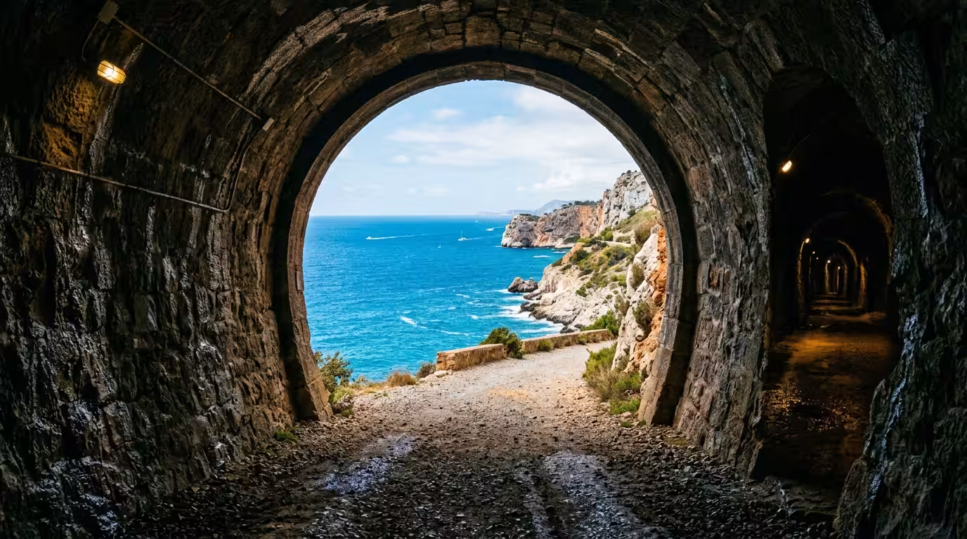 A documentary-style photograph looking through the illuminated entrance of a 600-meter tunnel on the Vía Verde del Mar coastal greenway, with the circular tunnel exit showing a bright Mediterranean se