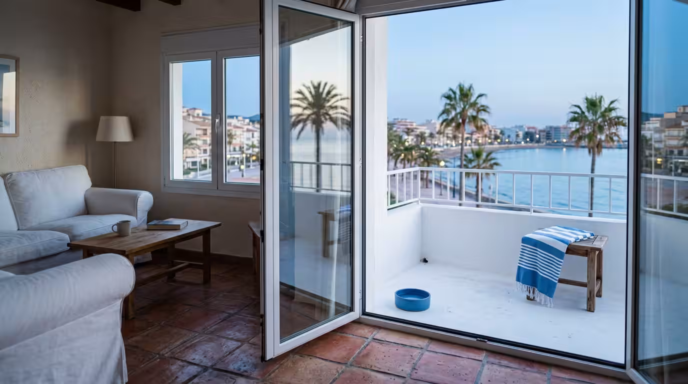 Bright interior detail of a Mediterranean vacation apartment in Oropesa del Mar, terracotta floor tiles, an open glass door leading to a small white terrace with a dog bowl and a folded beach towel, s