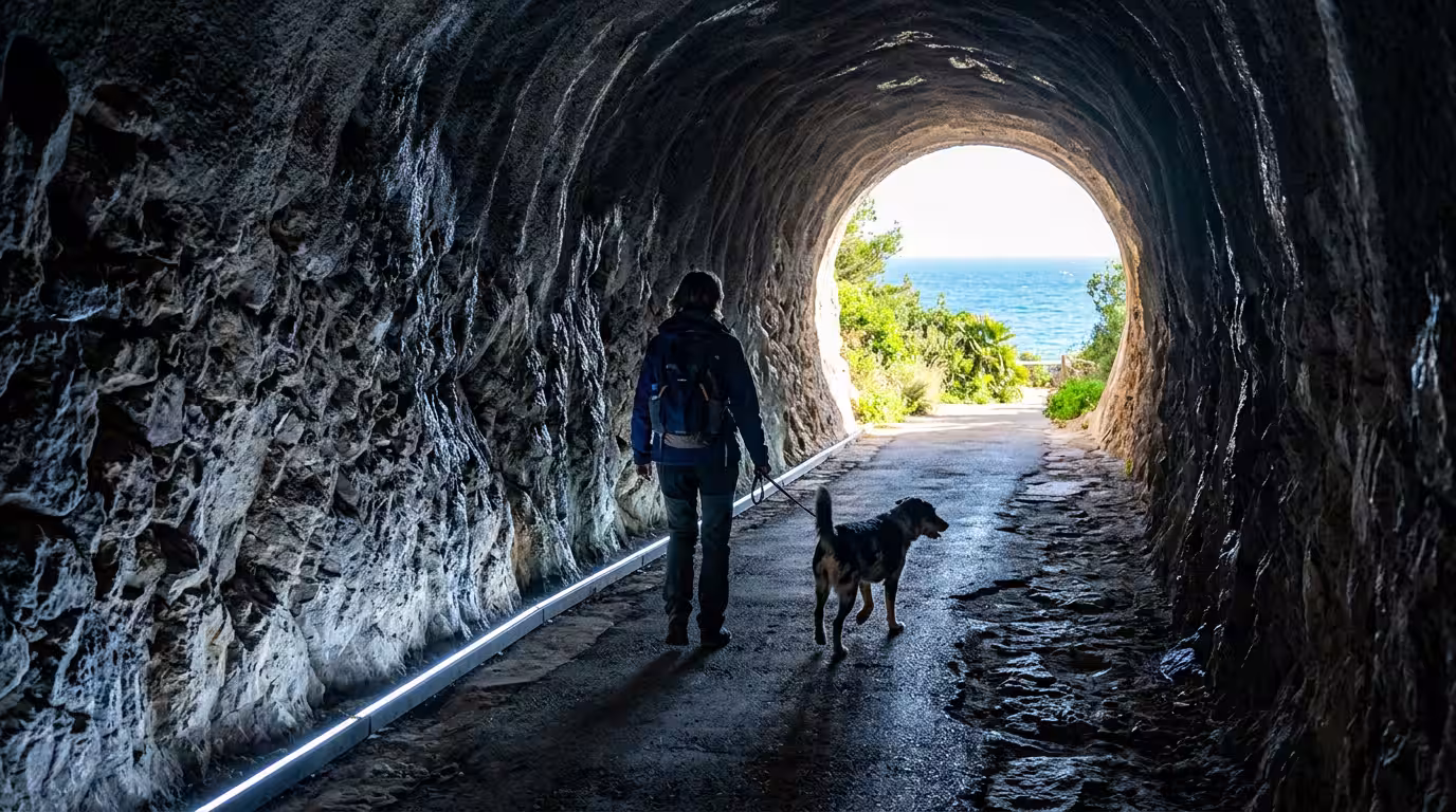 Atmospheric photograph inside the illuminated tunnel of the Vía Verde del Mar, cool white-blue lighting on rough stone walls, a person with a medium-sized dog on a leash walking toward the bright circ