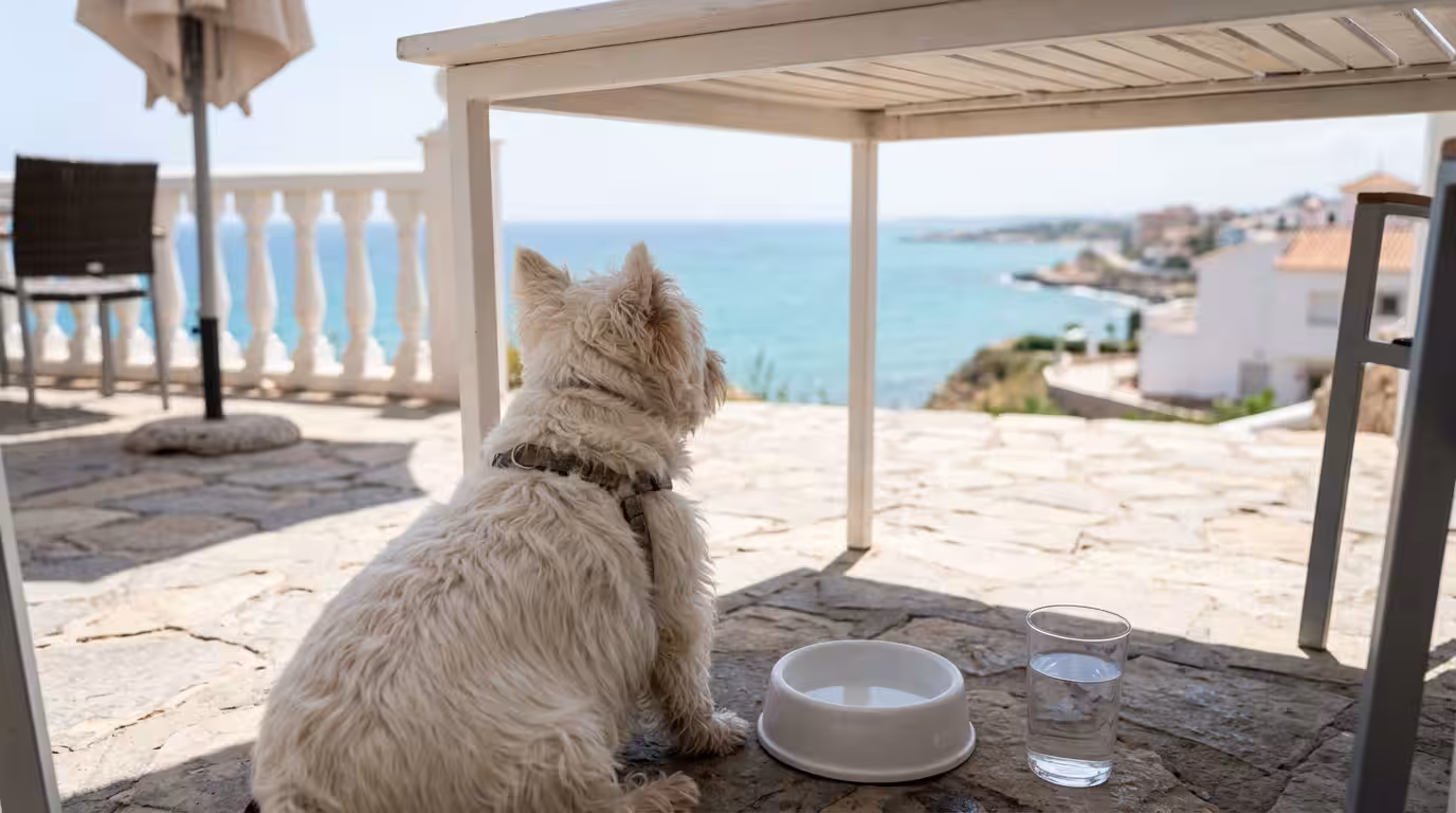 Low-angle shot from behind a small dog sitting calmly under a table on a restaurant terrace in Oropesa del Mar, foreground with a white ceramic dish and glass of water, blurred background of the Medit
