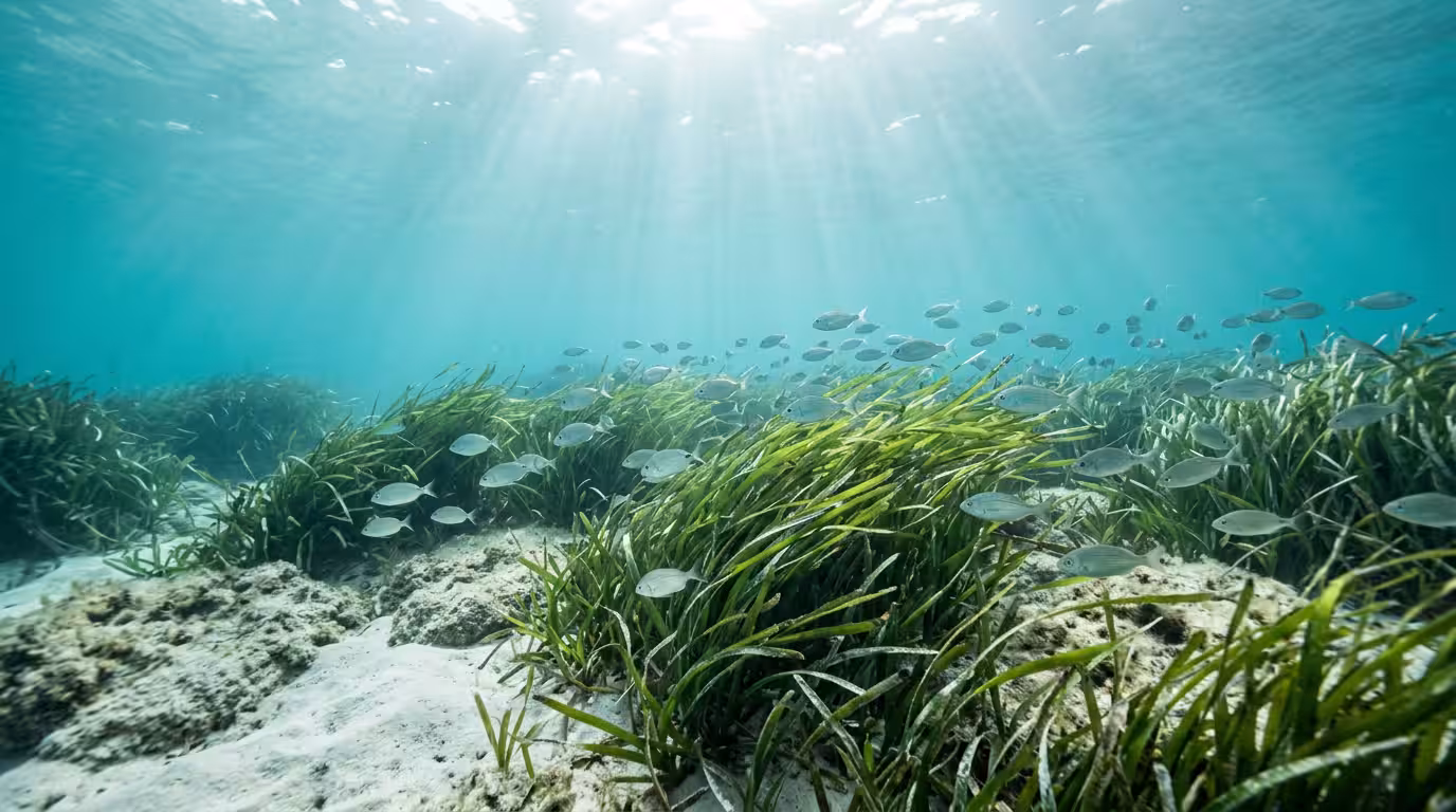 Fotografía submarina tomada a poca profundidad en aguas claras de Oropesa del Mar, con hojas largas y verdes de posidonia oceánica meciéndose en corrientes suaves, rayos de sol atravesando la superfic