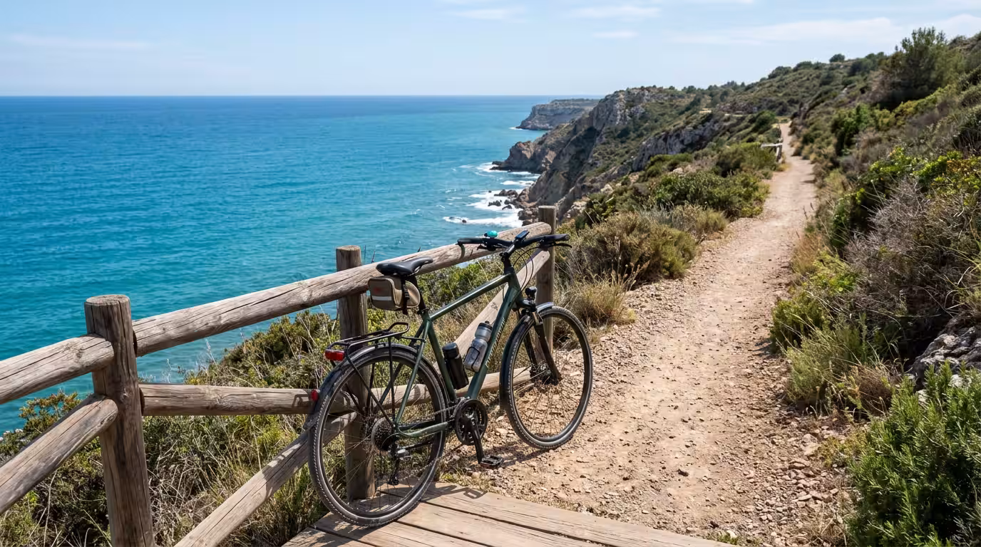 Tramo de la Vía Verde del Mar entre Benicàssim y Oropesa del Mar a media mañana, con un carril de tierra compacta bordeando un acantilado bajo, vegetación mediterránea seca, mar azul de fondo y una bi