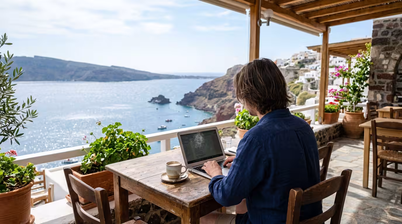 Documentary-style photo of a person working on a laptop at a wooden table on a bright terrace overlooking the Mediterranean, a cup of coffee steaming beside the computer, the sea sparkling with crisp 