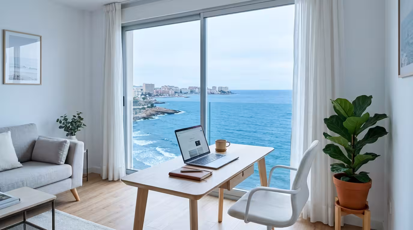 Interior photograph of a bright, modern vacation rental apartment in Oropesa del Mar, with a small workspace by a large window overlooking the sea, white walls, light wooden furniture, a green plant, 