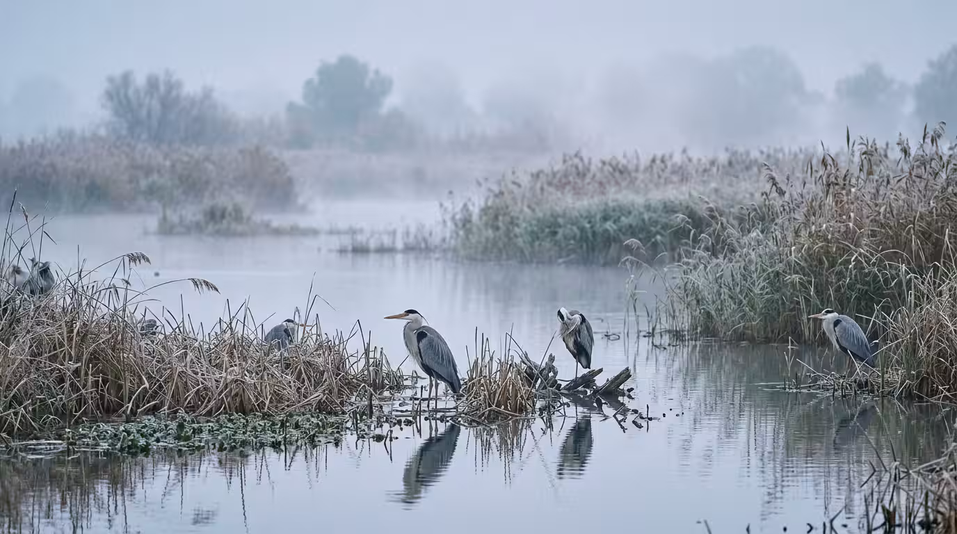 Photograph of a misty winter morning at the Prat de Cabanes-Torreblanca wetland, with herons standing in shallow water among reeds, soft fog lifting over the marsh, muted blue and green tones, tranqui