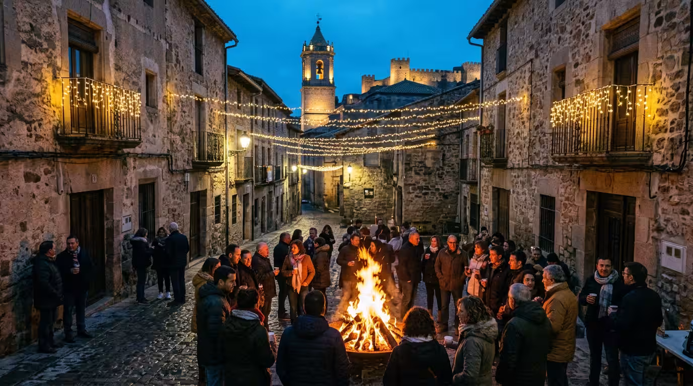 Cheerful outdoor scene of a small local festival in the old town of Oropesa del Mar in winter, with festive lights strung between buildings, locals gathered around a traditional bonfire, late afternoo