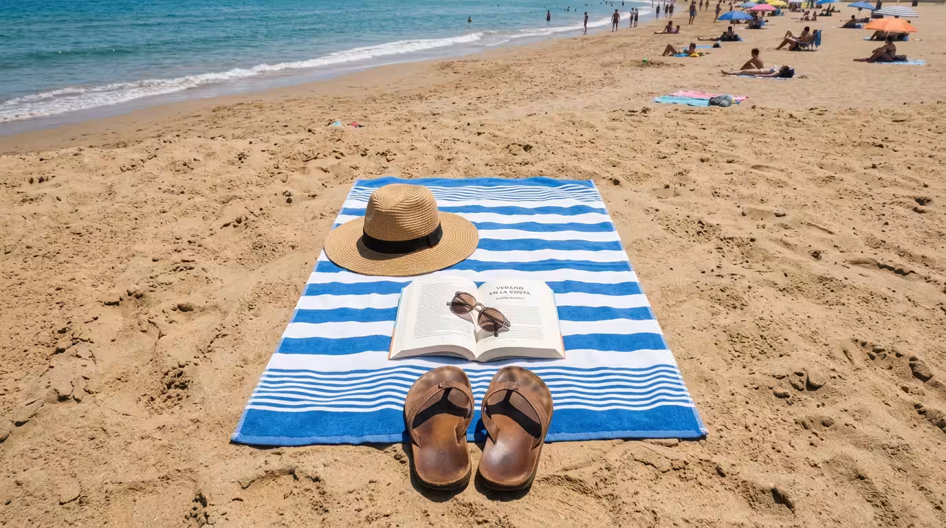Encuadre cenital de una toalla de rayas azules y blancas sobre la arena dorada de la playa Morro de Gos, con un sombrero de paja, unas sandalias y un libro abierto, bajo la luz del mediodía peninsular