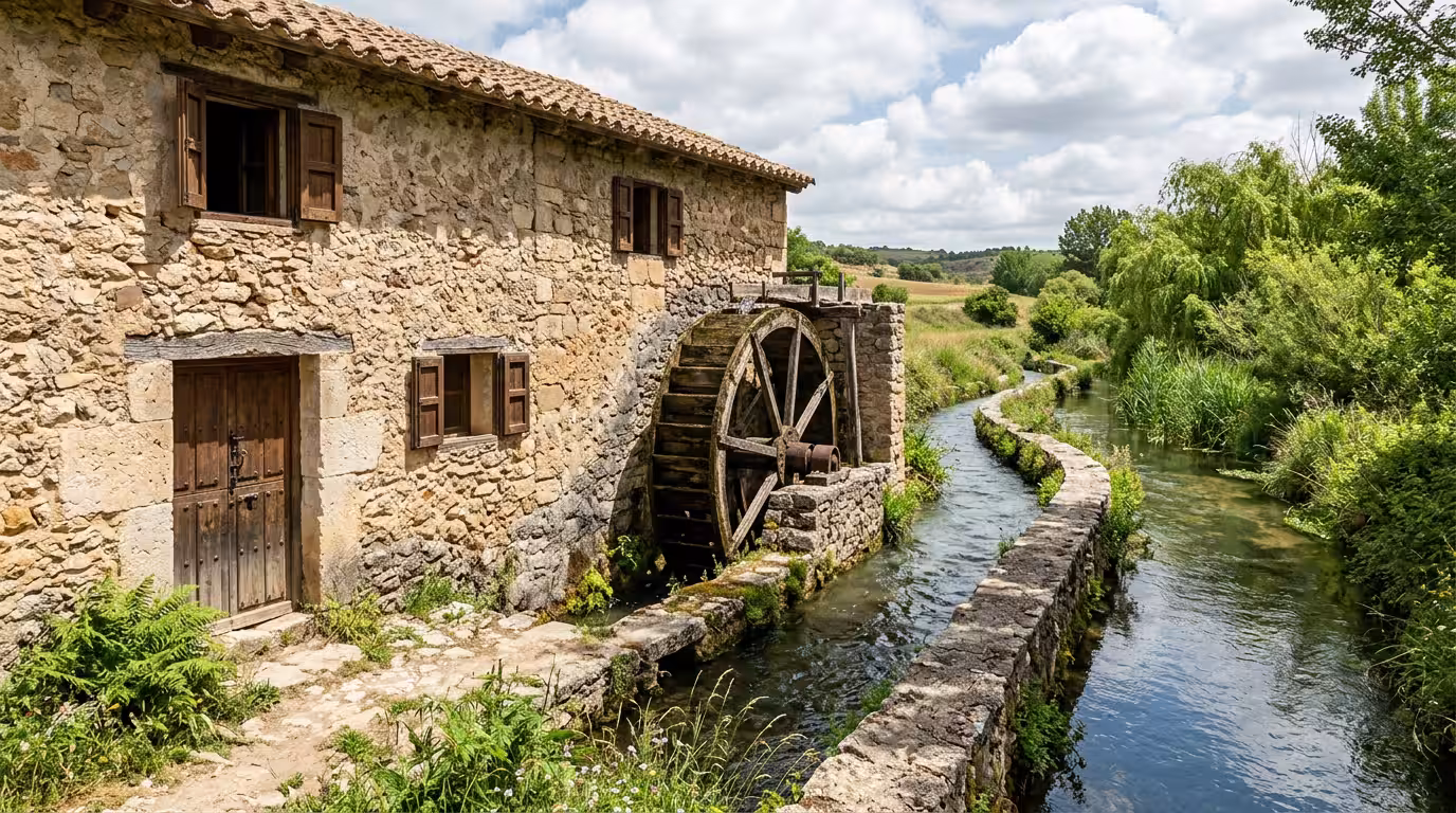 Primer plano de la fachada de piedra de un molino restaurado junto a una acequia, con la rueda hidráulica parcialmente conservada, vegetación de ribera y luz clara de mediodía proyectando sombras marc