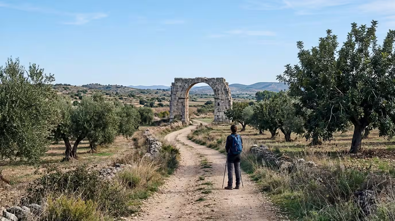 Un sendero de tierra entre campos de algarrobos y olivos con el Arco Romano de Cabanes de piedra caliza al fondo, un caminante con mochila ligera detenido contemplando el paisaje, luz clara de media m