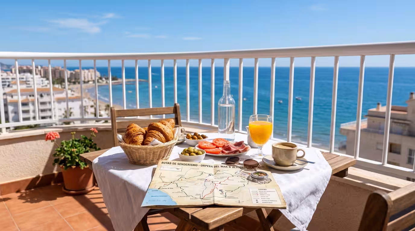 Terraza de un apartamento vacacional en Marina d'Or Oropesa del Mar con barandilla blanca, mesa con desayuno mediterráneo, zumo de naranja, croissants y un plano de senderos de papel; al fondo, la lín