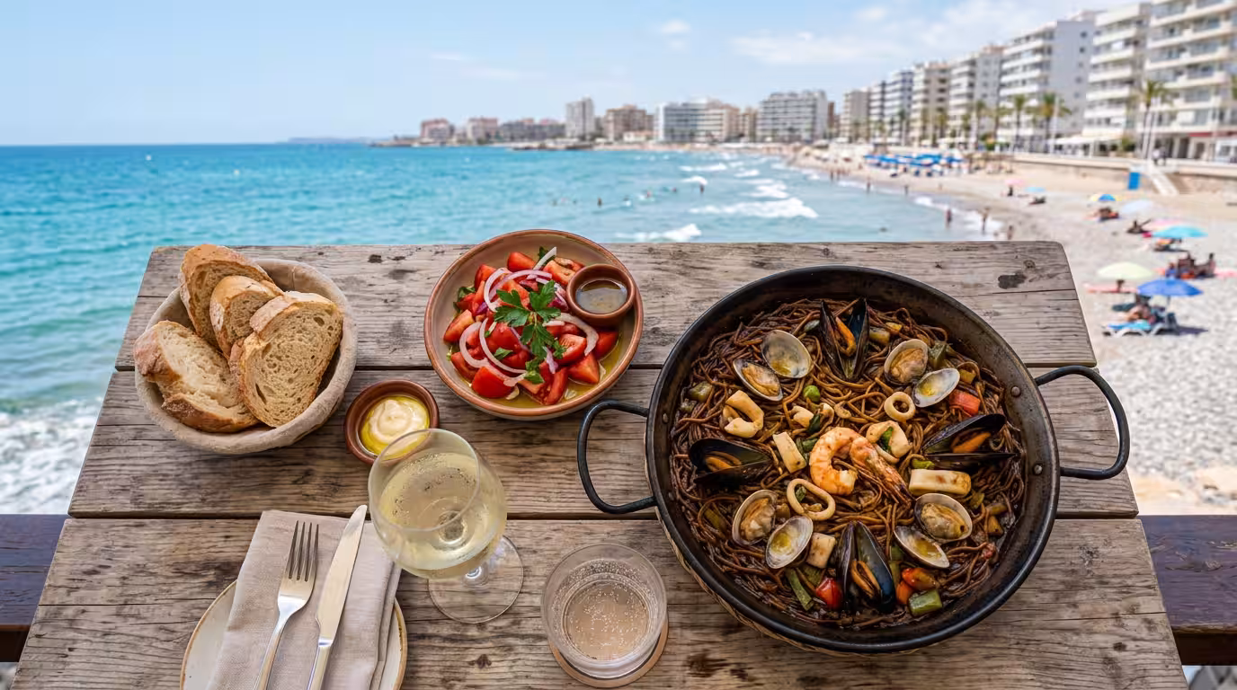 A rustic wooden table at a seaside restaurant in Oropesa del Mar, spread with a Mediterranean meal: a pan of fideuá, a tomato salad, crusty bread and a glass of white wine, the sea and white apartment