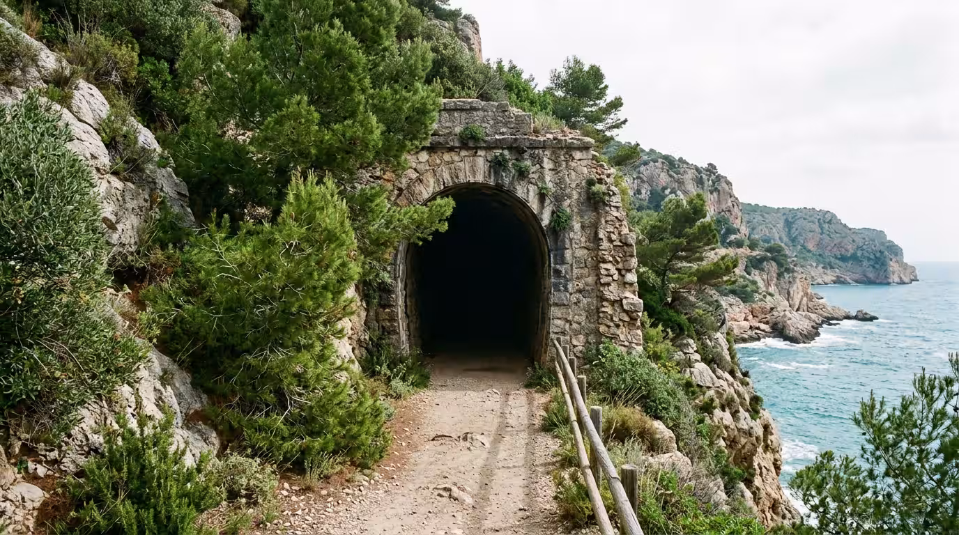 Boca de un antiguo túnel ferroviario de piedra junto a los acantilados, enmarcada por pinos y matorral mediterráneo, con un sendero de tierra penetrando en la penumbra del túnel; luz diáfana de primer