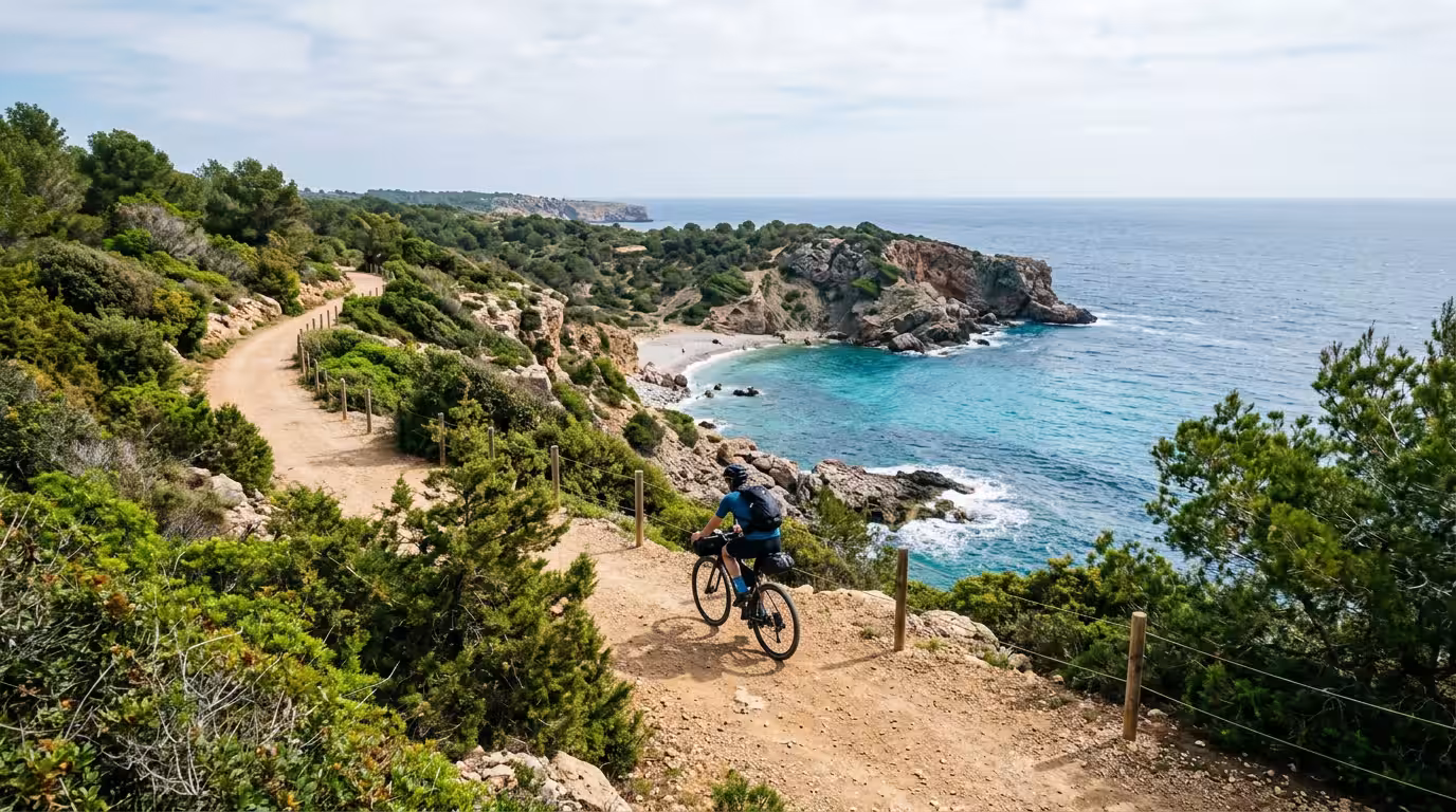 Un ciclista avanzando por la Vía Verde del Mar a media mañana, sendero de tierra compacta flanqueado por matorral mediterráneo y pinos bajos, con una cala rocosa y aguas turquesa visibles desde el mir