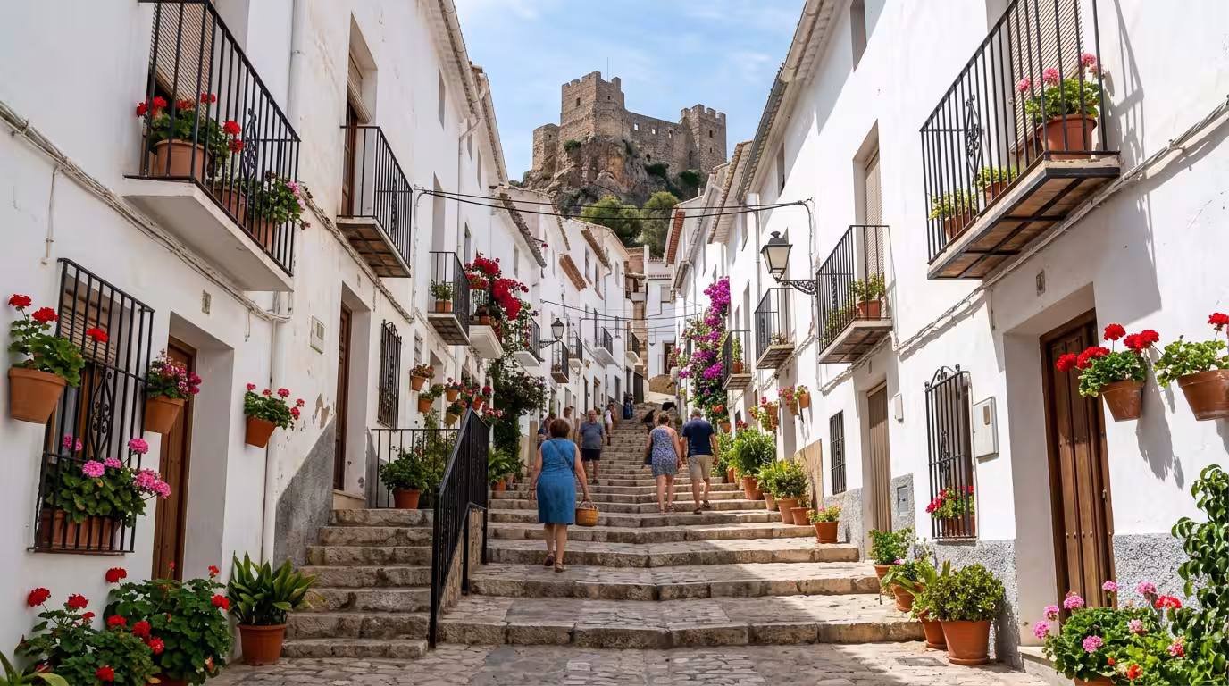 Calle empinada del casco antiguo de Oropesa del Mar con escalinatas de piedra pulida, fachadas encaladas y macetas de geranios, con la silueta del castillo cerrando la perspectiva; luz suave de última