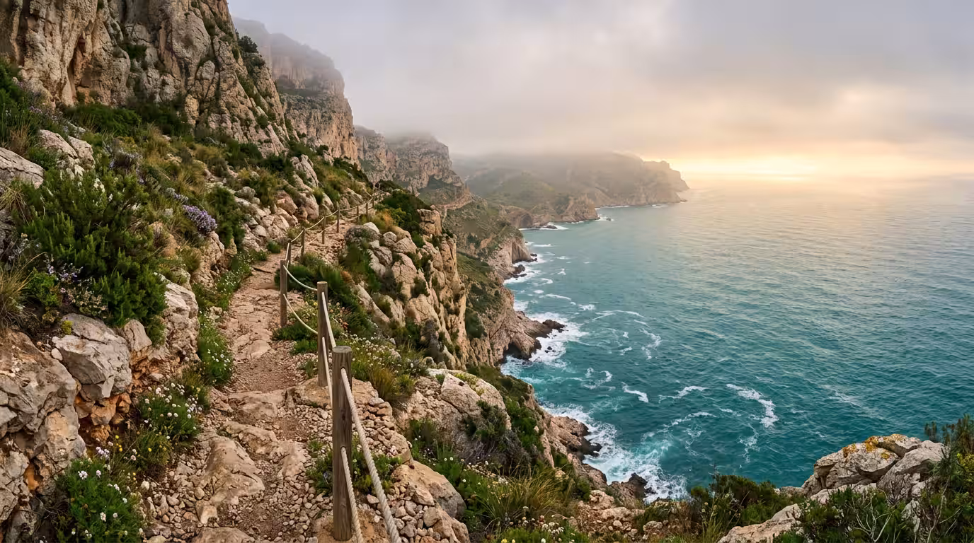 A misty autumn morning on a rocky coastal trail in Castellón, Spain — the path hugs a dramatic limestone cliff edge above the deep turquoise Mediterranean sea, wild rosemary and sea lavender growing f